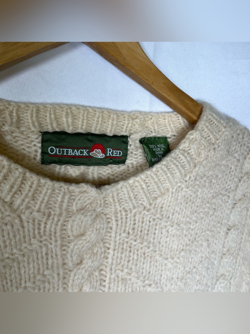 Vintage Outback Red Cream Pheasant Bird 100% Wool Cable Knit Sweater Size M - Picture 3 of 7